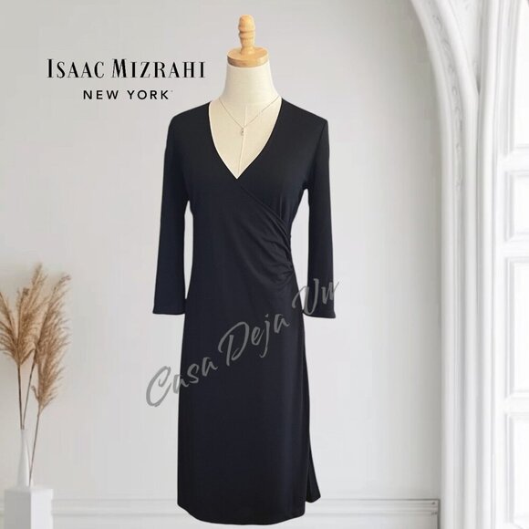 Classic Understated Isaac Mizrahi Surplice Long Sleeve Black Cocktail Dress - Picture 1 of 9